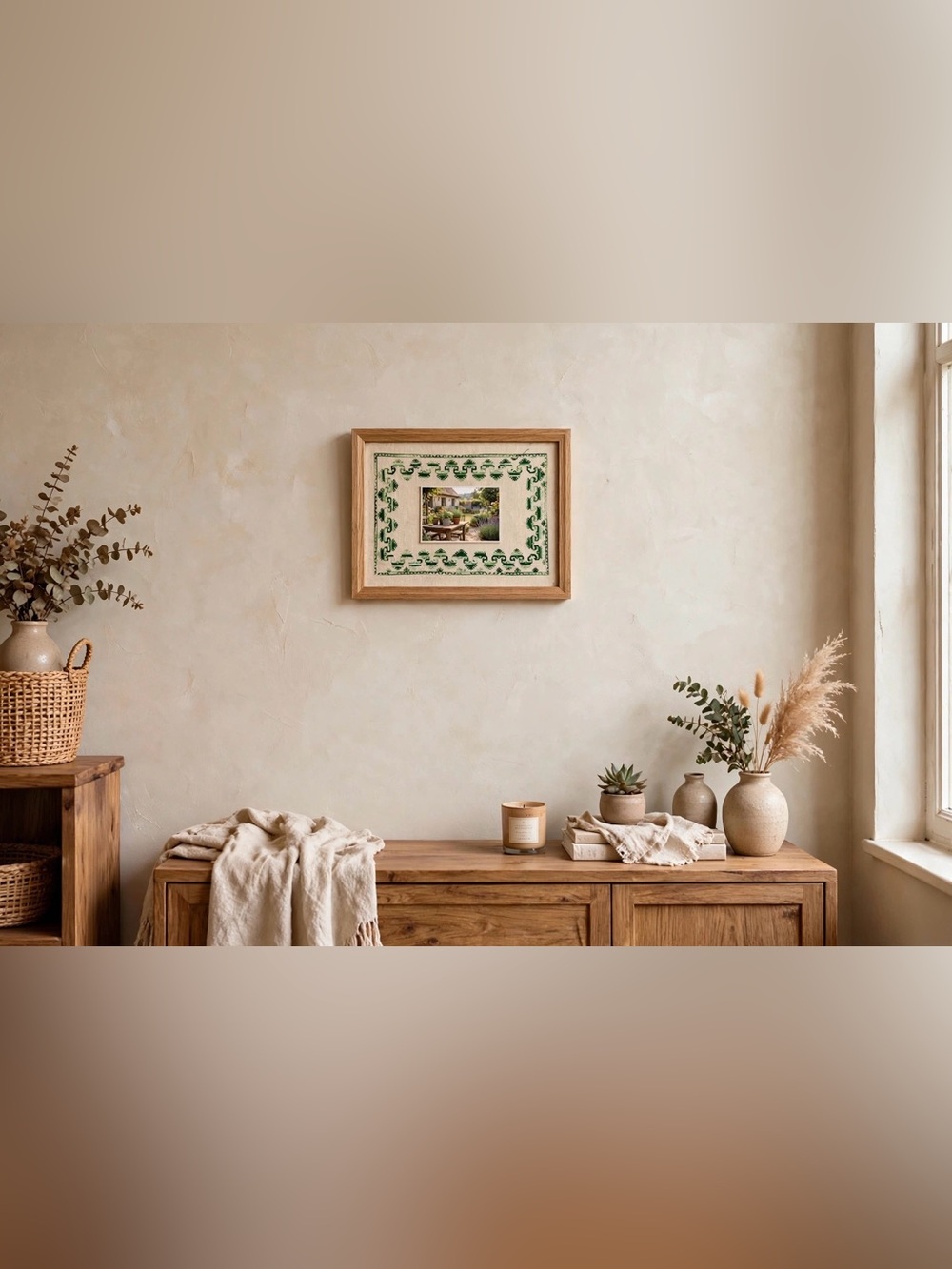 Vintage Hand stitched Needlepoint Embroidered Linen Greece Late 60’s Green